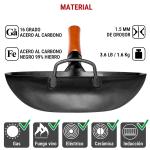 Small Yosukata Sartén Wok de Acero al Carbono Negro de 34cm + Tapa de Madera de 34cm para Woks de Acero al Carbono y Hierro Fundido