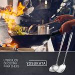 Small Yosukata Sartén Wok de Acero al Carbono Negro de 34cm + Juego de Espátula y Cucharón para wok de 43cm