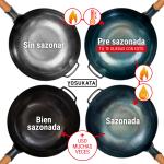Small Yosukata Wok de Acero al Carbono Azul de 34 cm + Tapa para Wok de 32.5 cm - Tapadera para Wok de Acero Inoxidable