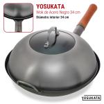 Small Yosukata Wok de Acero al Carbono Azul de 34 cm + Tapa para Wok de 32.5 cm - Tapadera para Wok de Acero Inoxidable
