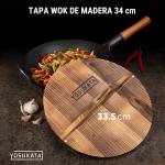Small Yosukata Sartén Wok de Acero al Carbono Negro de 34cm + Tapa de Madera de 34cm para Woks de Acero al Carbono y Hierro Fundido