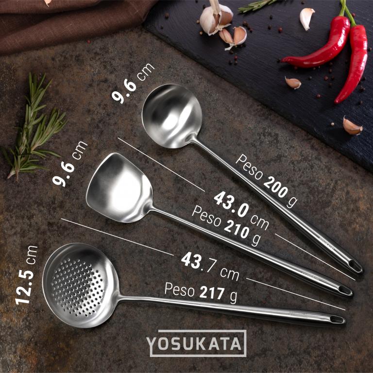 Yosukata Set de Utensilios para Wok (Espátula de 17 pulgadas y Cucharón y Espumadera de Acero Inoxidable)