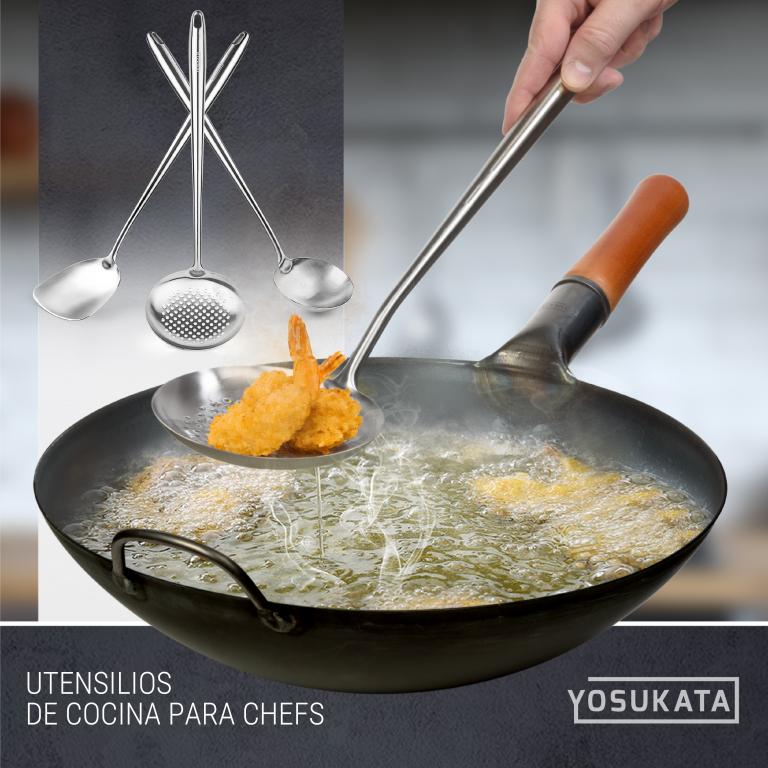 Yosukata Set de Utensilios para Wok (Espátula de 17 pulgadas y Cucharón y Espumadera de Acero Inoxidable)