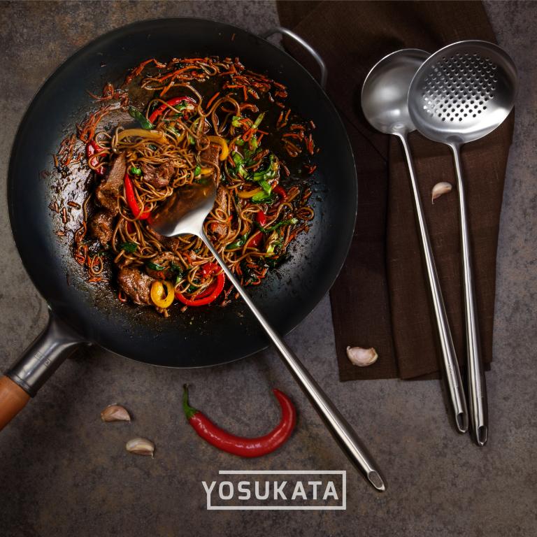 Yosukata Set de Utensilios para Wok (Espátula de 17 pulgadas y Cucharón y Espumadera de Acero Inoxidable)