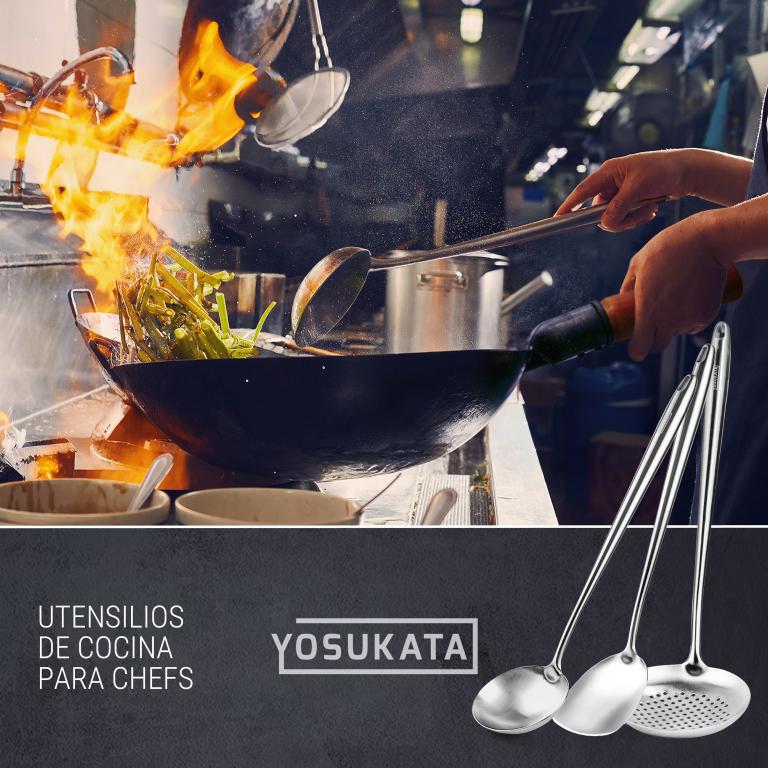 Yosukata Set de Utensilios para Wok (Espátula de 17 pulgadas y Cucharón y Espumadera de Acero Inoxidable)