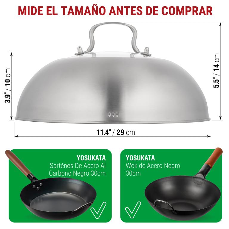 Yosukata Tapa para Wok de 29 cm - Tapadera para Wok de Acero Inoxidable