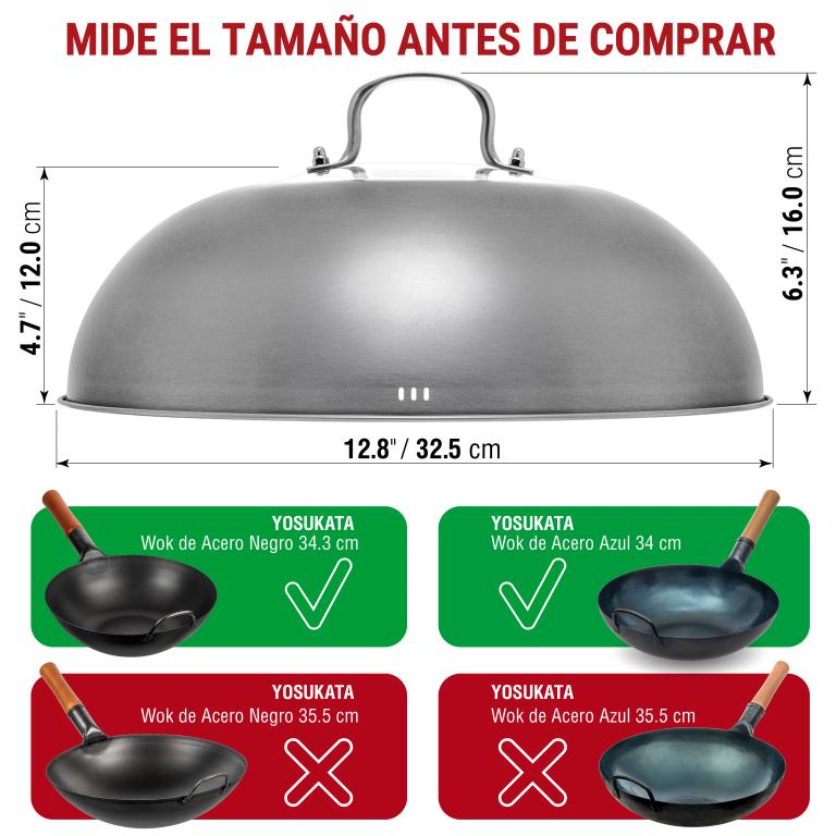 Yosukata Tapa para Wok de 32.5 cm - Tapadera para Wok de Acero Inoxidable