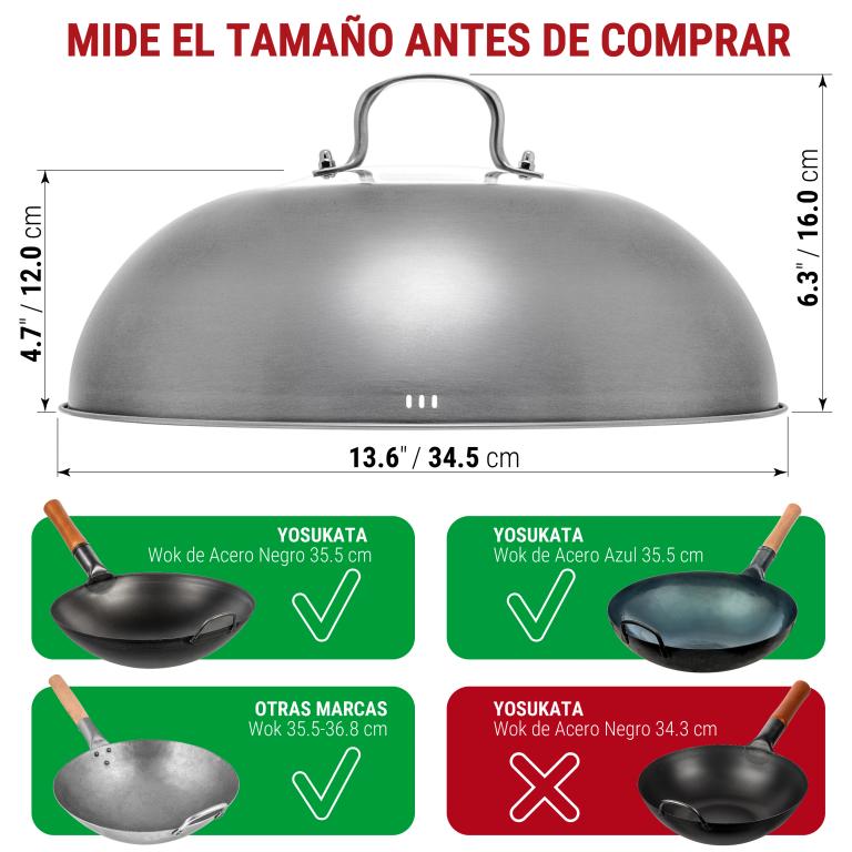 Yosukata Tapa para Wok de 32.5 cm - Tapadera para Wok de Acero Inoxidable