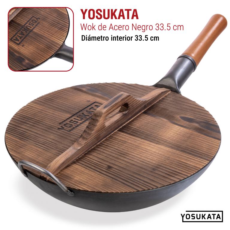 Yosukata Tapa de Madera de 34cm para Woks de Acero al Carbono y Hierro Fundido