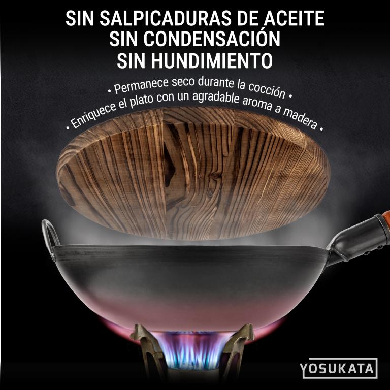 Yosukata Tapa de Madera de 34cm para Woks de Acero al Carbono y Hierro Fundido