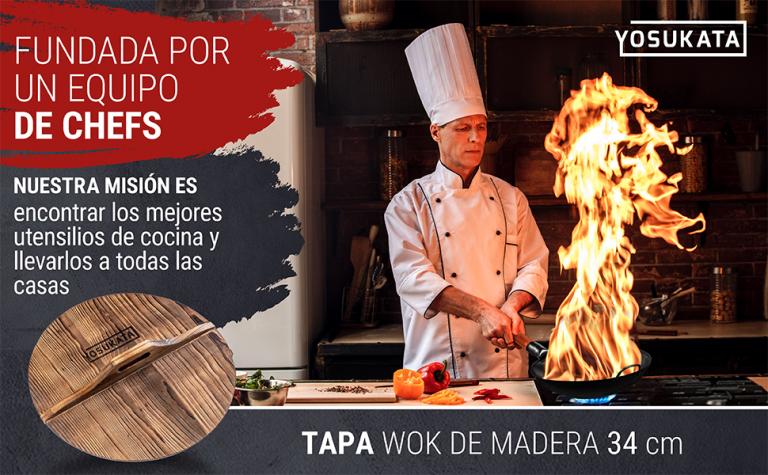 Yosukata Tapa de Madera de 34cm para Woks de Acero al Carbono y Hierro Fundido