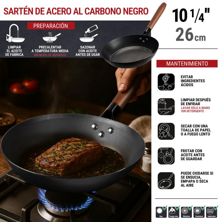 Yosukata Sartén de Acero al Carbono Negro de 26cm