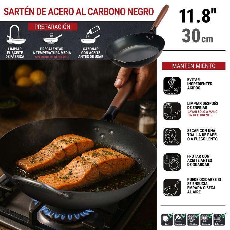 Yosukata Sartén de Acero al Carbono Negro de 30cm