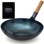 Small Yosukata Wok de Acero al Carbono Azul de 34 cm + Tapa de Madera de 34cm para Woks de Acero al Carbono y Hierro Fundido