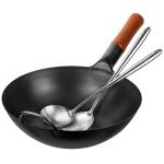 Small Yosukata Sartén Wok de Acero al Carbono Negro de 34cm + Juego de Espátula y Cucharón para wok de 43cm
