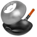 Small Yosukata Sartén Wok de Acero al Carbono Negro de 34cm + Tapa para Wok de 32.5 cm - Tapadera para Wok de Acero Inoxidable