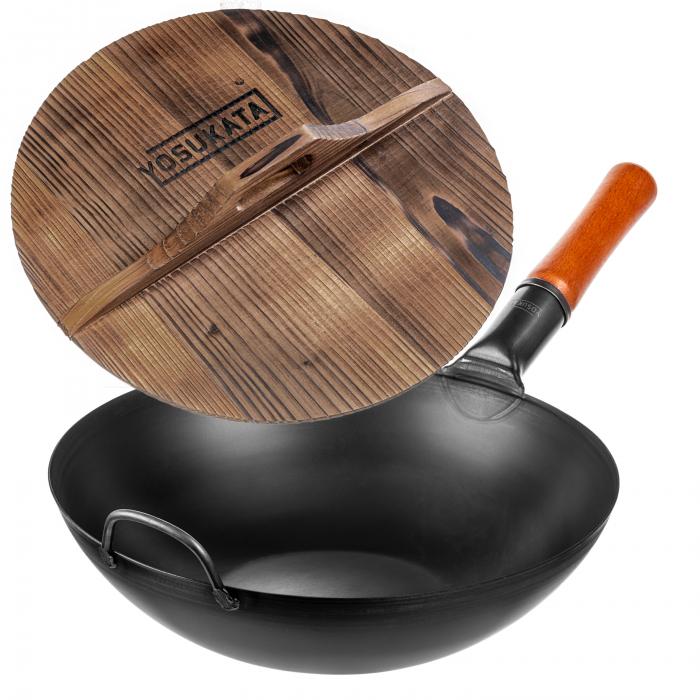 Yosukata Sartén Wok de Acero al Carbono Negro de 34cm + Tapa de Madera de 34cm para Woks de Acero al Carbono y Hierro Fundido