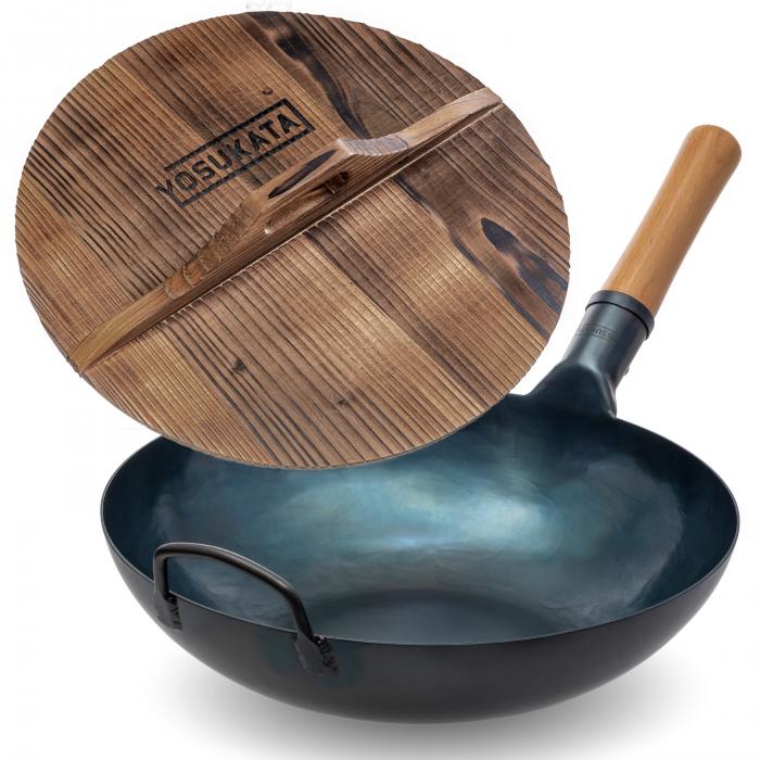 Yosukata Wok de Acero al Carbono Azul de 34 cm + Tapa de Madera de 34cm para Woks de Acero al Carbono y Hierro Fundido
