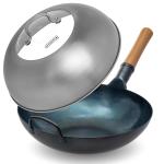 Small Yosukata Wok de Acero al Carbono Azul de 34 cm + Tapa para Wok de 32.5 cm - Tapadera para Wok de Acero Inoxidable