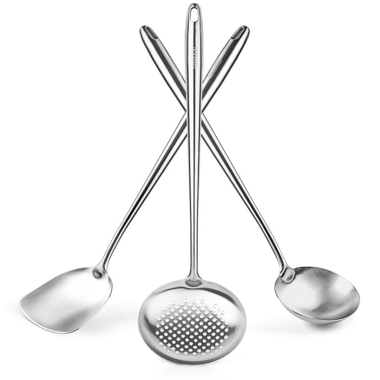 Yosukata Set de Utensilios para Wok (Espátula de 17 pulgadas y Cucharón y Espumadera de Acero Inoxidable)